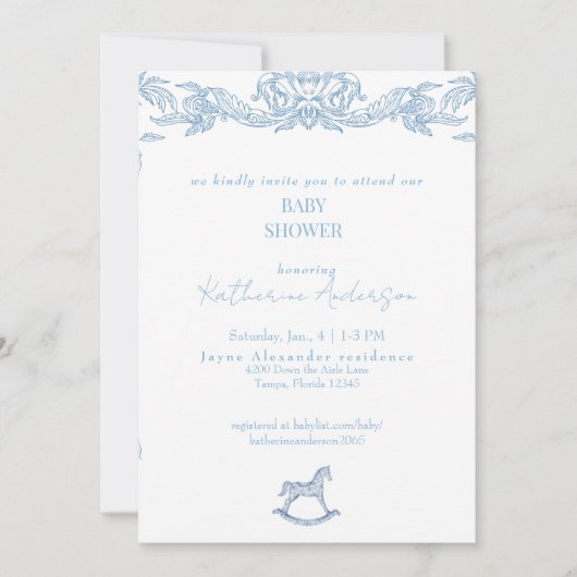 Invitation Baignoire Bébé Fille Vintage Bleu (Devant)