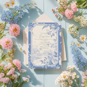 Invitation Baignoire Bébé Fleurie Toile Bleue Vintage Françai