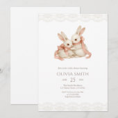 Invitation Baignoire Bébé Lapin Rose La Dentelle Vintage (Devant / Derrière)