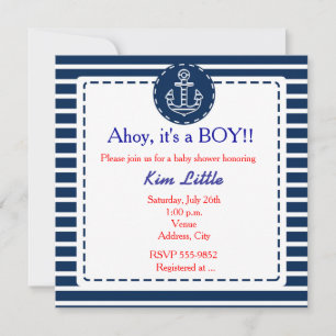 Invitation Baignoire Bébé Rayé Bleu Marine Ancre Nautique