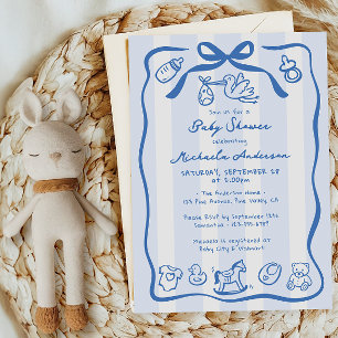 Invitation Bain Bleu Dessiné à la Main Baby Shower Garçon Fan