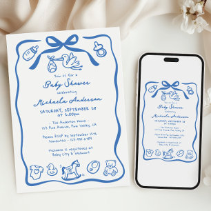 Invitation Bain Bleu Dessiné à la Main Baby Shower Garçon Fan