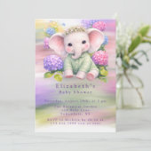 Invitation Bain de bébé à l'éléphant avec des hortensias (Debout devant)