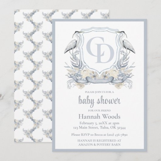 Invitation Bain de bébé à monogramme entrelacé Heron (Devant / Derrière)