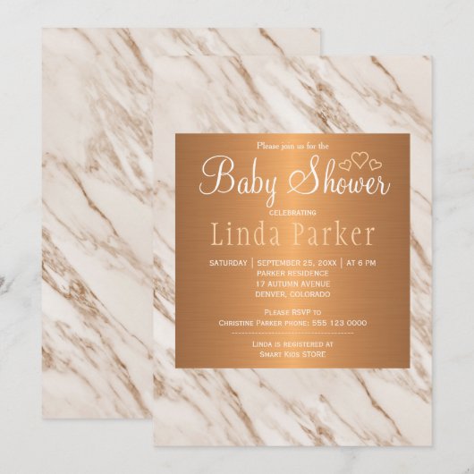 Invitation Bain de bébé à monogramme tendance chic en marbre (Devant / Derrière)