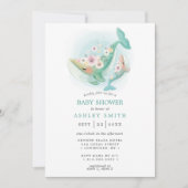 Invitation Bain de bébé baleine aquarelle florale sarcelle (Devant)