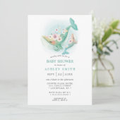 Invitation Bain de bébé baleine aquarelle florale sarcelle (Debout devant)
