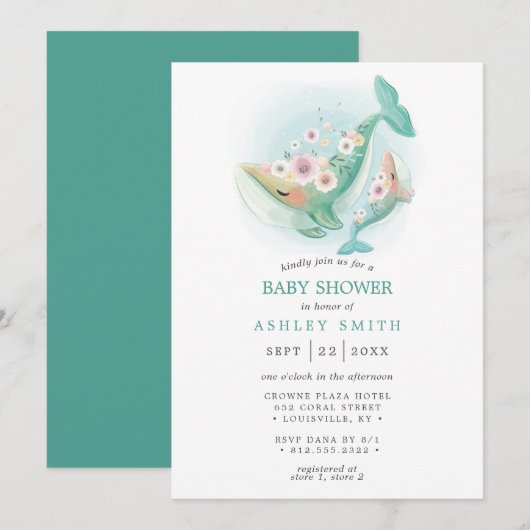 Invitation Bain de bébé baleine aquarelle florale sarcelle (Devant / Derrière)
