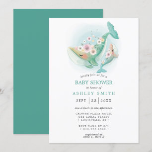 Invitation Bain de bébé baleine aquarelle florale sarcelle