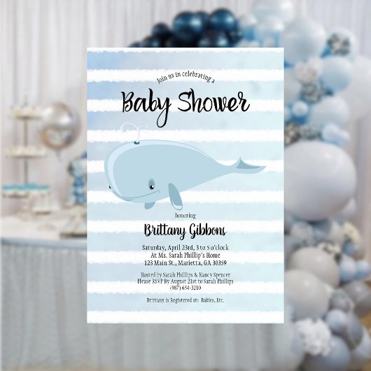 Invitation Bain de bébé Baleine Bleue Mignonne Rayée