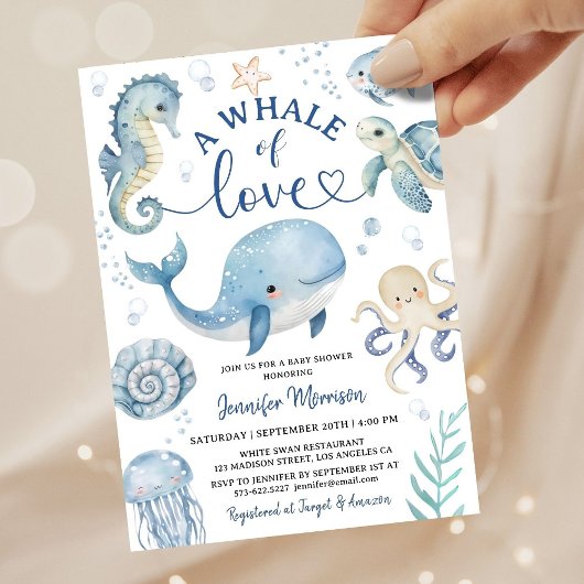 Invitation Bain de bébé baleine garçon océan bleu