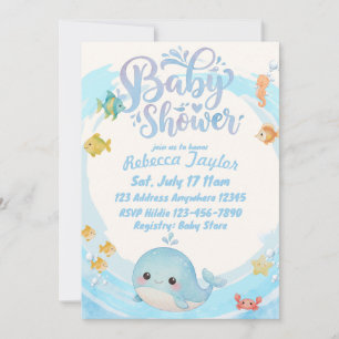 Invitation Bain de bébé Baleine Vague Bleue Aquarelle