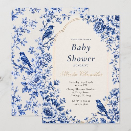 Invitation Bain de bébé bleu chinoiserie (Devant / Derrière)