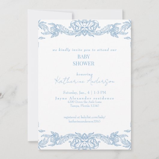 Invitation Bain de bébé bleu et blanc vintage (Devant)