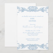 Invitation Bain de bébé bleu et blanc vintage (Devant / Derrière)