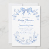 Invitation Bain de Bébé Bleu Toile De Jouy (Devant)