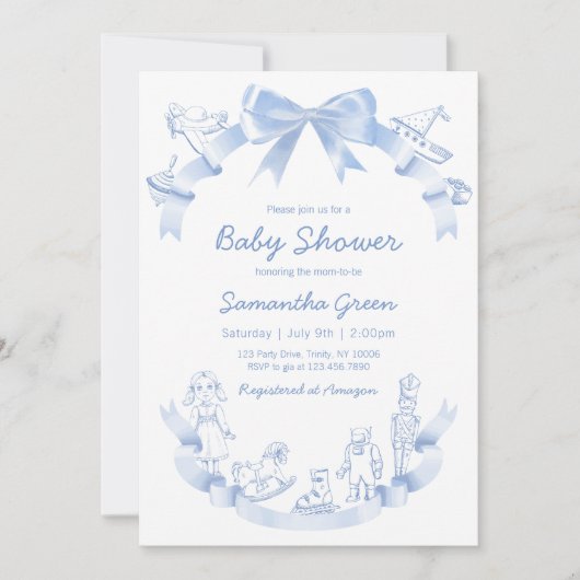 Invitation Bain de Bébé Bleu Toile De Jouy (Devant)