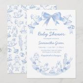 Invitation Bain de Bébé Bleu Toile De Jouy (Devant / Derrière)