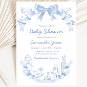 Invitation Bain de Bébé Bleu Toile De Jouy