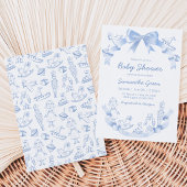 Invitation Bain de Bébé Bleu Toile De Jouy