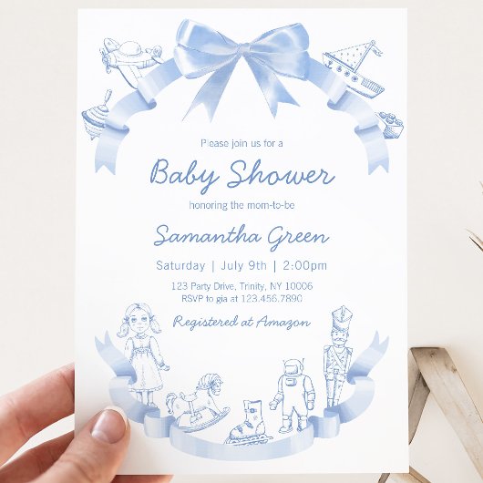 Invitation Bain de Bébé Bleu Toile De Jouy