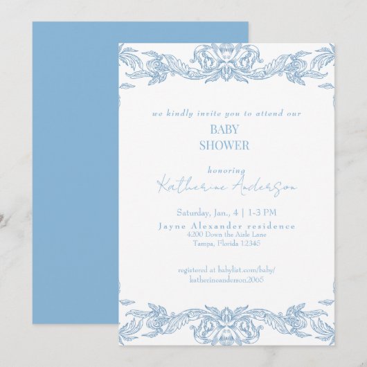 Invitation Bain de bébé bleu vintage (Devant / Derrière)