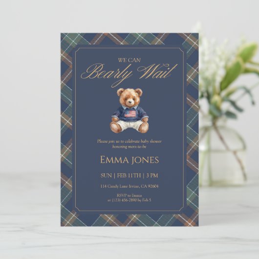 Invitation Bain de bébé classique Teddy Bear Navy Tartan à ca (Debout devant)