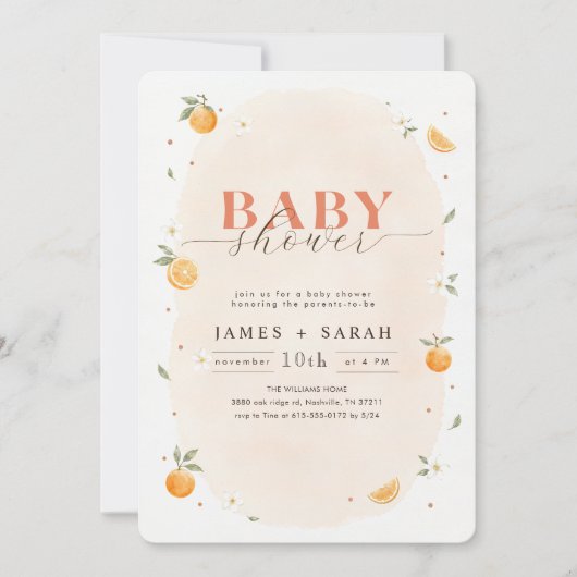 Invitation Bain de bébé Clémentine à l'aquarelle Orange (Devant)