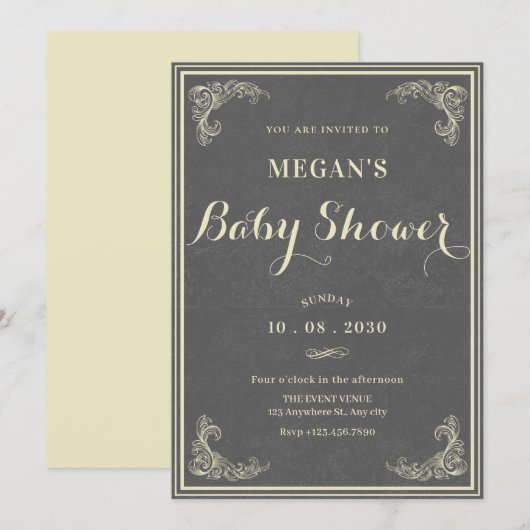Invitation Bain de bébé élégant vintage gris  (Devant / Derrière)