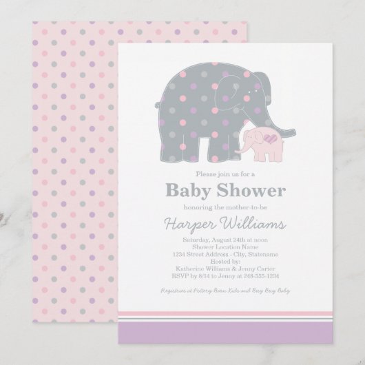 Invitation Bain de Bébé Éléphant Rose Violet Fille (Devant / Derrière)
