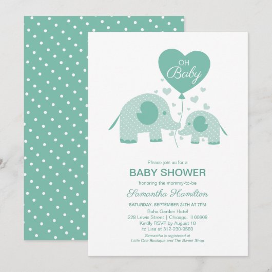 Invitation Bain de bébé éléphant vert menthe adorable (Devant / Derrière)