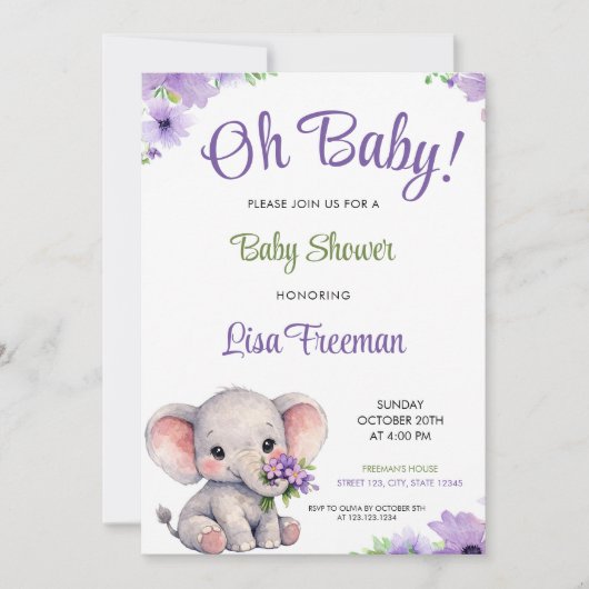 Invitation Bain de bébé éléphant violet et vert aquarelle (Devant)