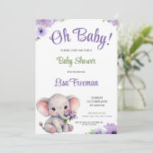 Invitation Bain de bébé éléphant violet et vert aquarelle (Debout devant)