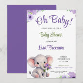 Invitation Bain de bébé éléphant violet et vert aquarelle (Devant / Derrière)