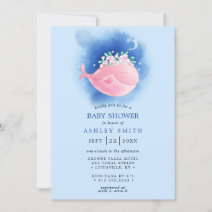 Invitation Bain de bébé fille aquarelle baleine rose marine