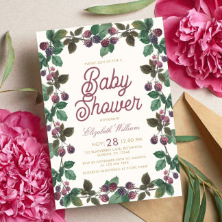 Invitation Bain de bébé fille aux mûres à l'aquarelle