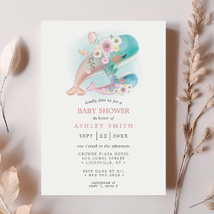 Invitation Bain de bébé fille baleines aquarelle florale