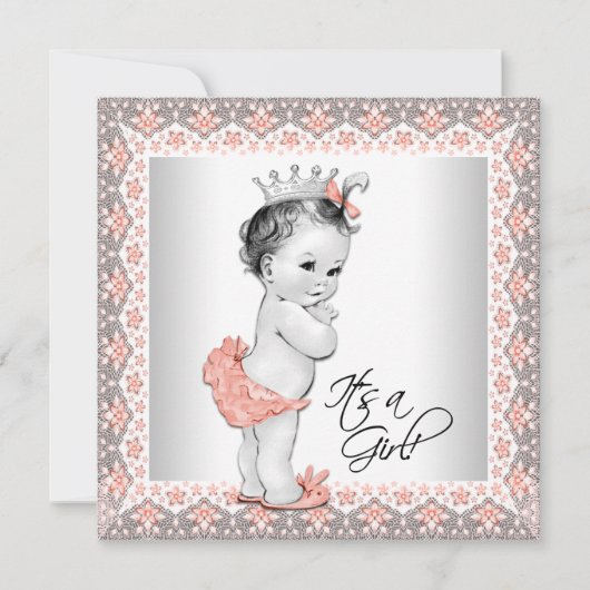 Invitation Bain de bébé fille corail et gris (Devant)