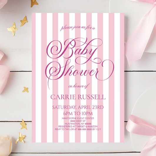 Invitation Bain de bébé fille élégant classique rayures roses
