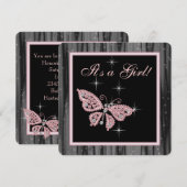 Invitation Bain de bébé fille papillon rose noir Jewel (Devant / Derrière)