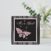 Invitation Bain de bébé fille papillon rose noir Jewel (Debout devant)