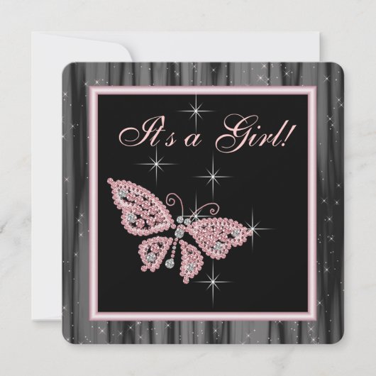 Invitation Bain de bébé fille papillon rose noir Jewel (Devant)