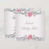 Invitation Bain de Bébé Fille Rose Damassé (Devant / Derrière)