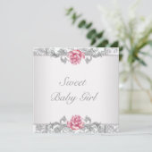 Invitation Bain de Bébé Fille Rose Damassé (Debout devant)