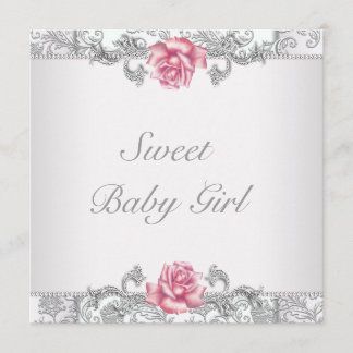 Invitation Bain de Bébé Fille Rose Damassé