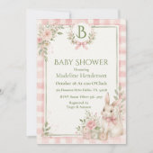 Invitation Bain de bébé Fille Rose Gingham Classique Monogram (Devant)