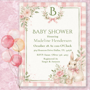 Invitation Bain de bébé Fille Rose Gingham Classique Monogram