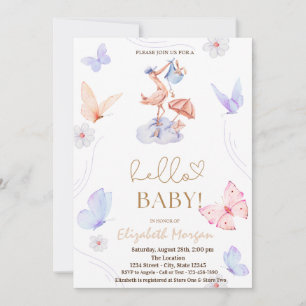 Invitation Bain de bébé Fleur Papillon et Cigogne à l'aquarel