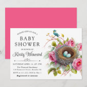 Invitation Bain de bébé Fleurs de printemps Nid d'oiseau aqua (Devant / Derrière)