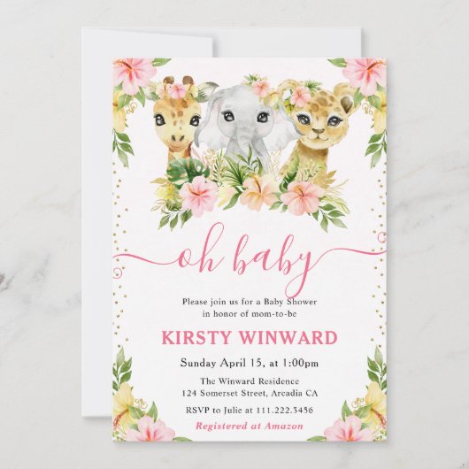 Invitation Bain de bébé Fleurs Jungle Mignonnes Aquarelle (Devant)